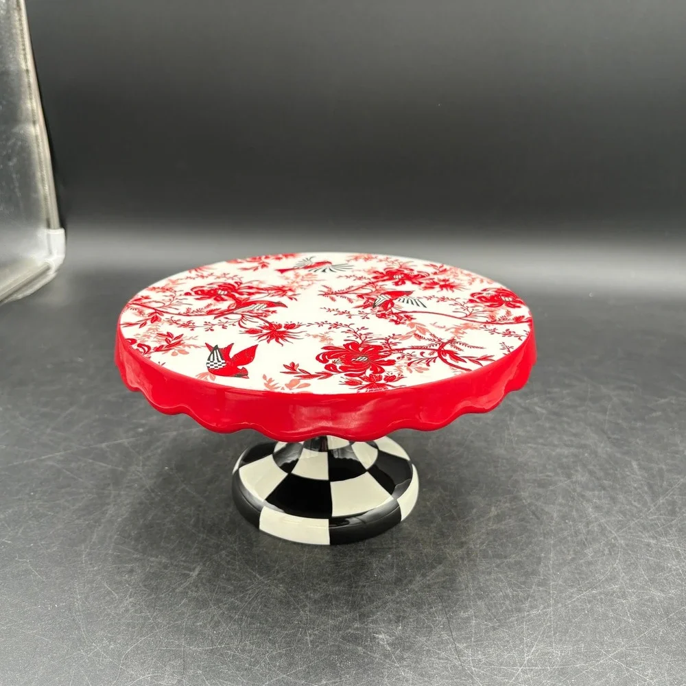 MacKenzie-Childs Cardinal Floral Cake Stand Courtly Check Base Red White Black